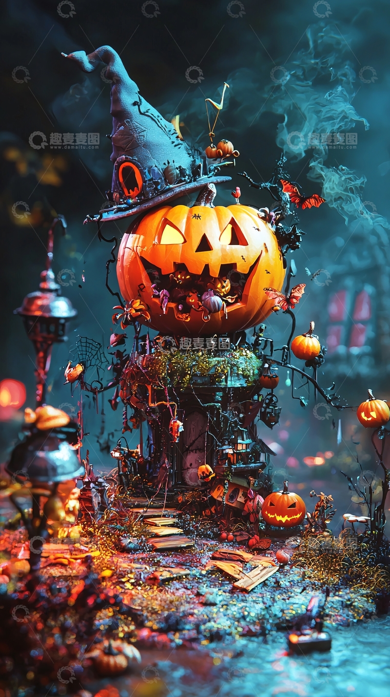 高清大图下载【趣麦麦图】万圣节南瓜灯与巫师帽场景