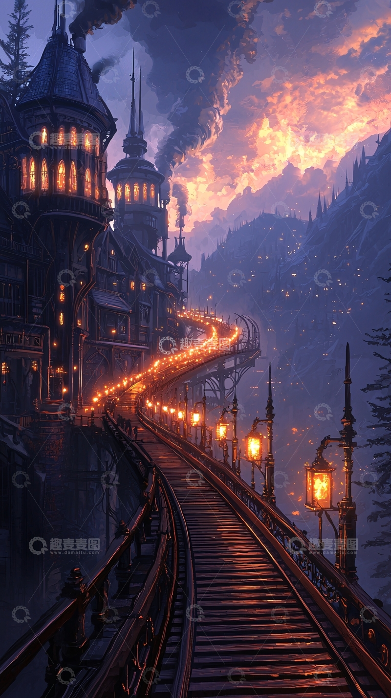 高清大图下载【趣麦麦图】奇幻夜景中的火车轨道