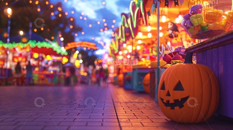 高清大图下载【趣麦麦图】万圣节夜市南瓜灯糖果摊
