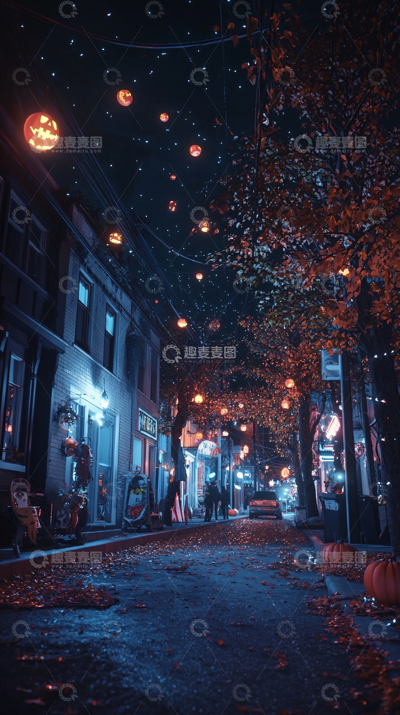 高清大图下载【趣麦麦图】万圣节夜晚街道装饰场景