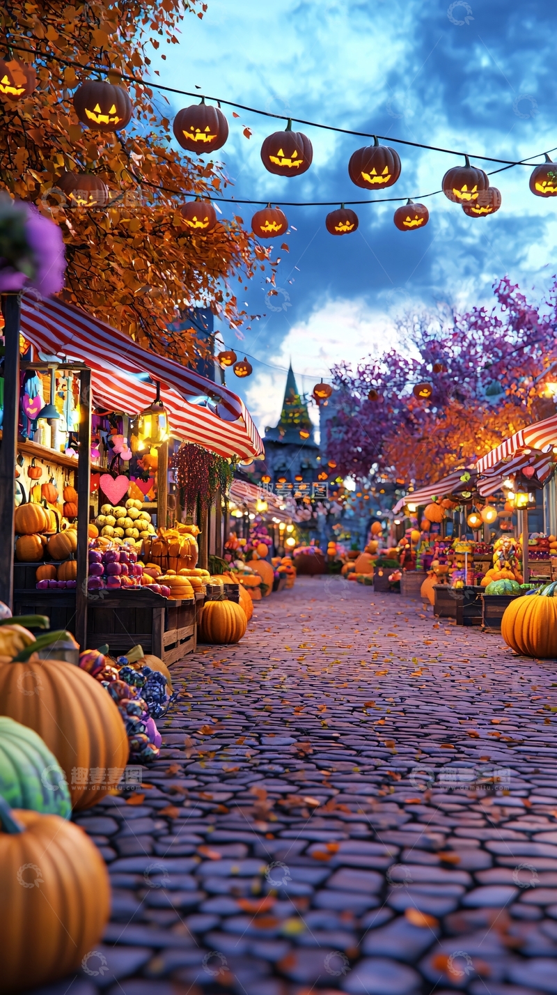 高清大图下载【趣麦麦图】万圣节南瓜市集夜景