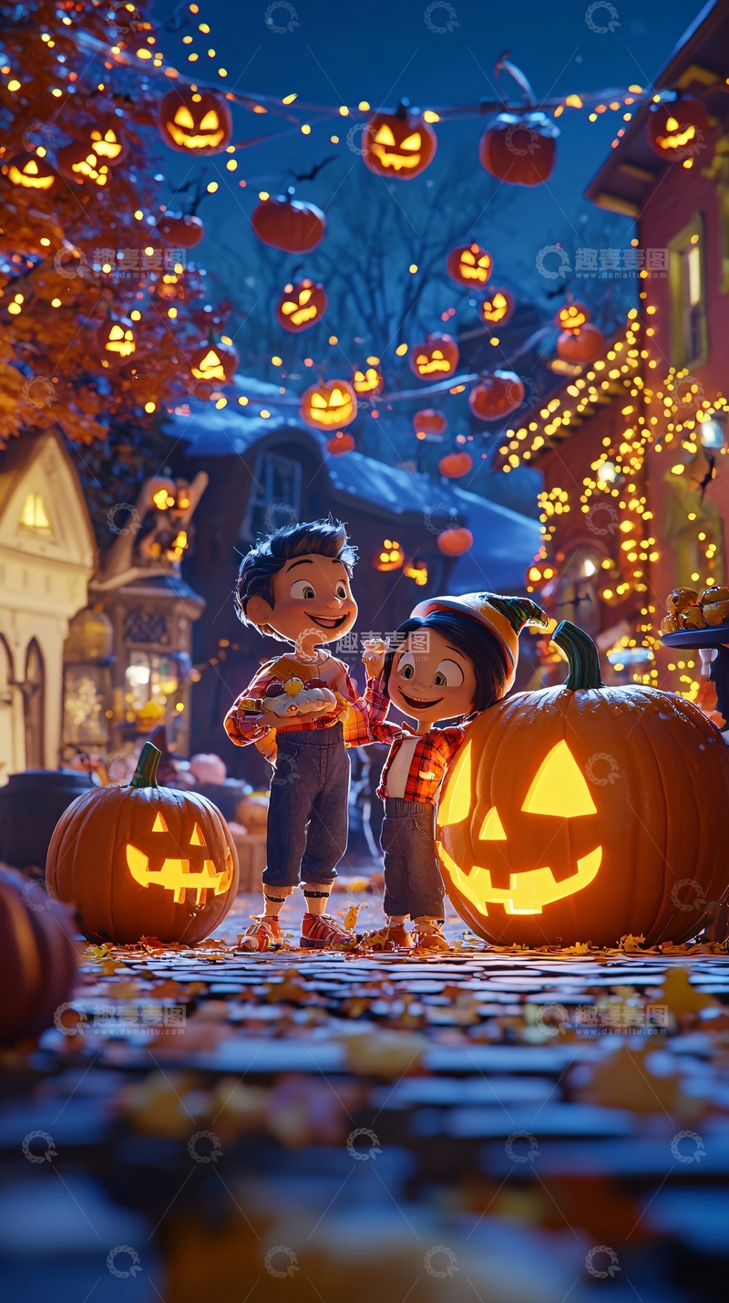 高清大图下载【趣麦麦图】万圣节夜晚南瓜灯下的孩子们