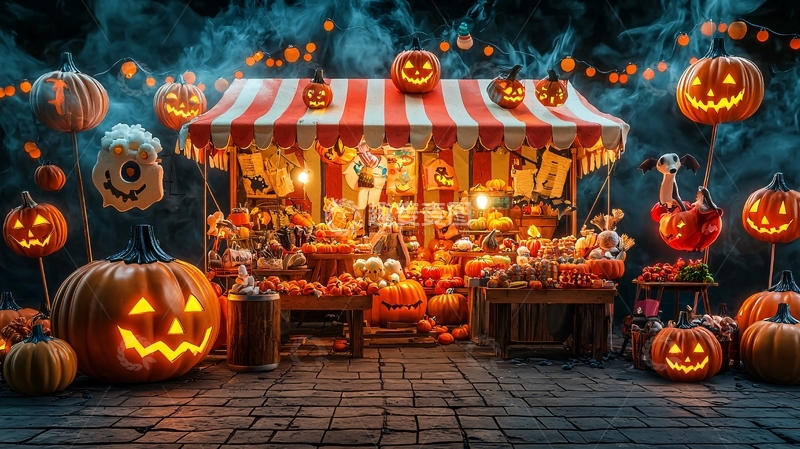 高清大图下载【趣麦麦图】万圣节南瓜市场夜景