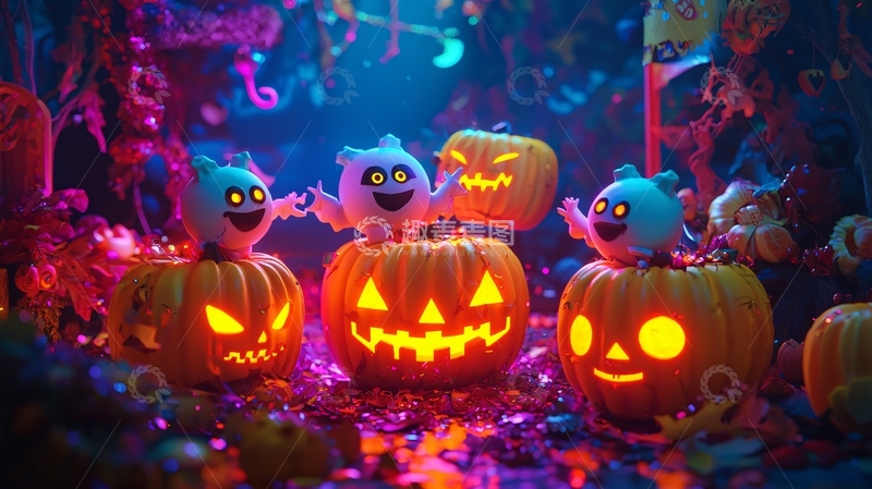 高清大图下载【趣麦麦图】万圣节南瓜灯与幽灵装饰场景