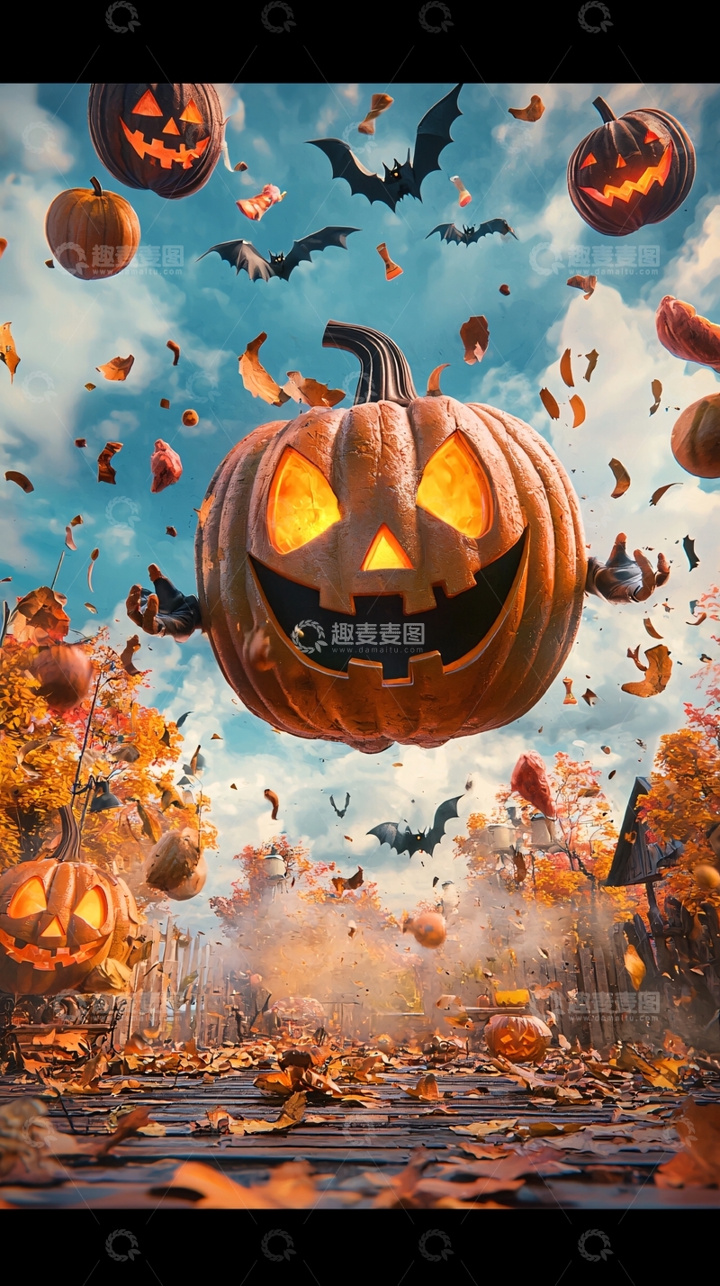 高清大图下载【趣麦麦图】万圣节南瓜与蝙蝠的奇幻场景
