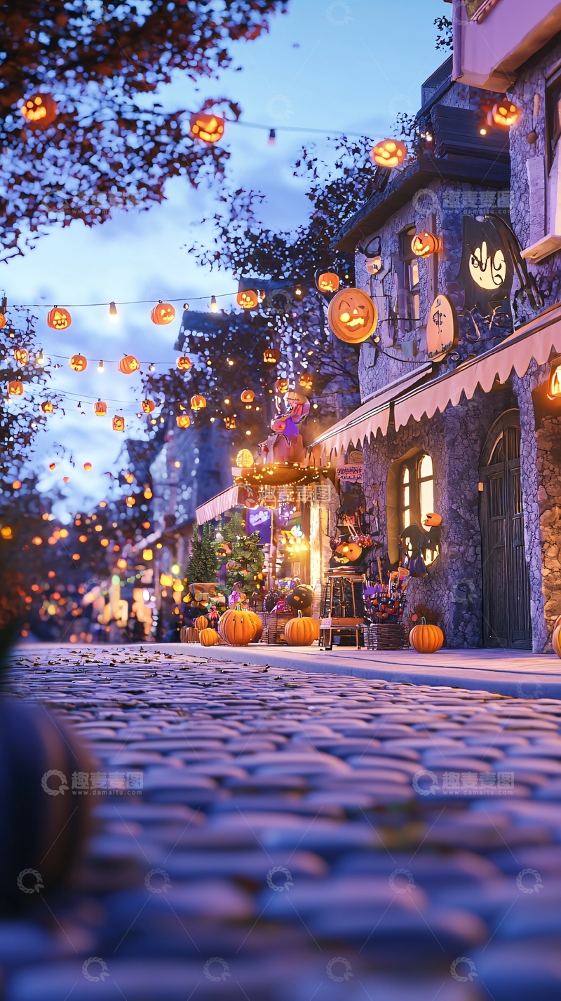 高清大图下载【趣麦麦图】万圣节装饰的街道夜景