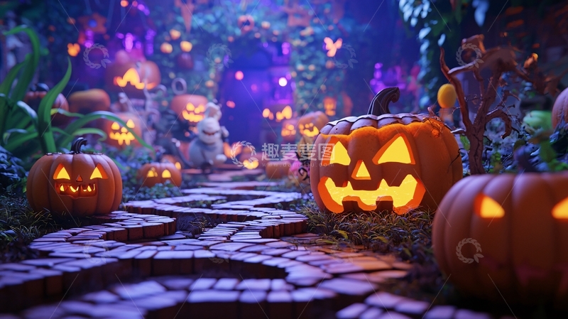 高清大图下载【趣麦麦图】万圣节南瓜灯森林小径