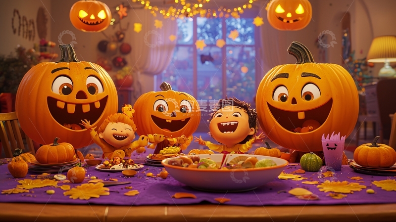 高清大图下载【趣麦麦图】万圣节派对南瓜和孩子们
