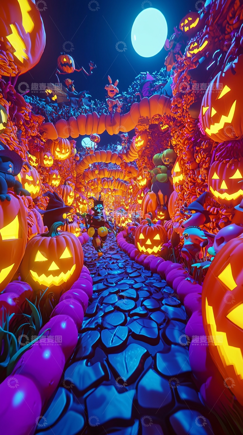 高清大图下载【趣麦麦图】万圣节南瓜隧道夜景
