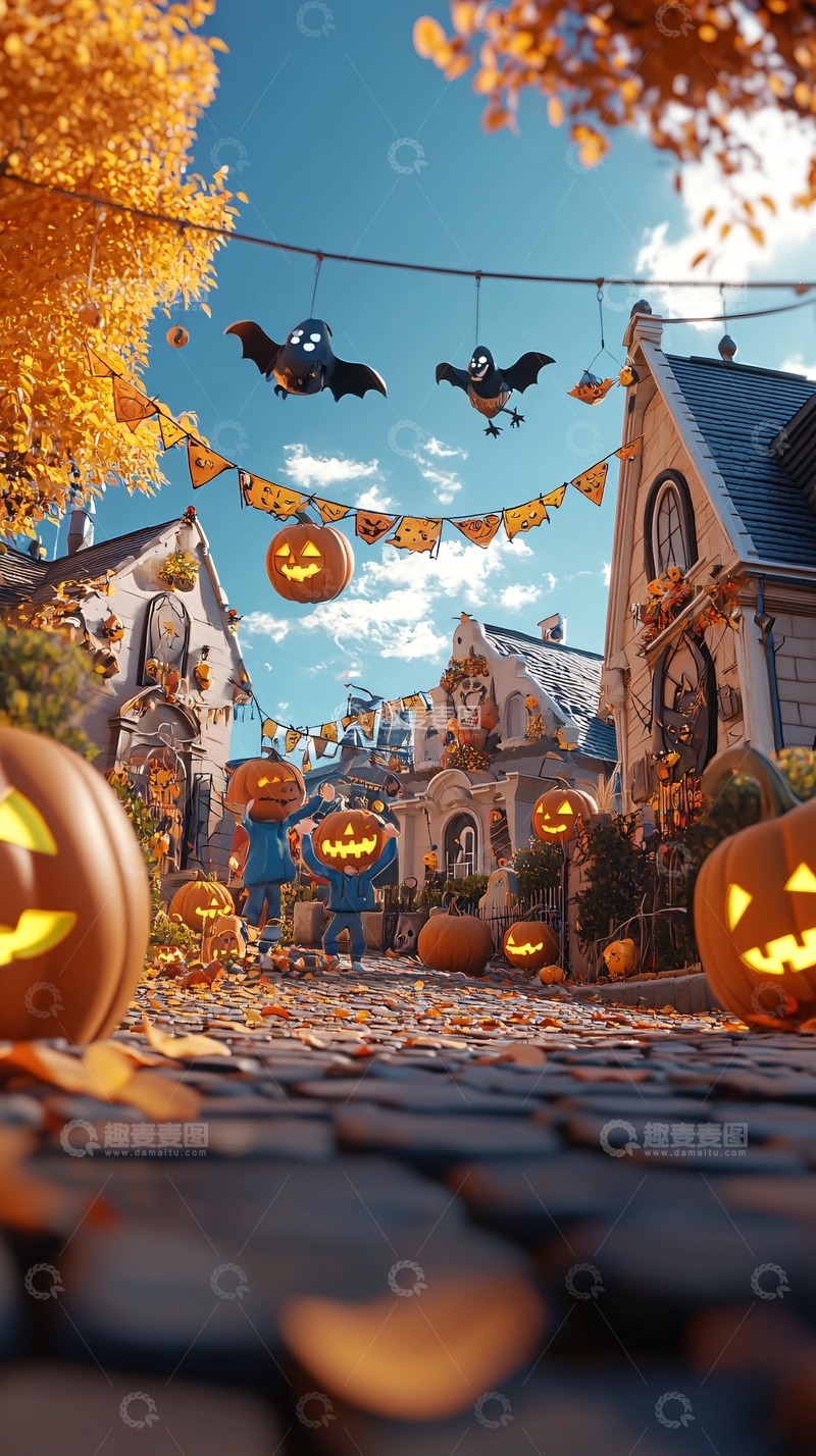 高清大图下载【趣麦麦图】万圣节南瓜灯装饰街道