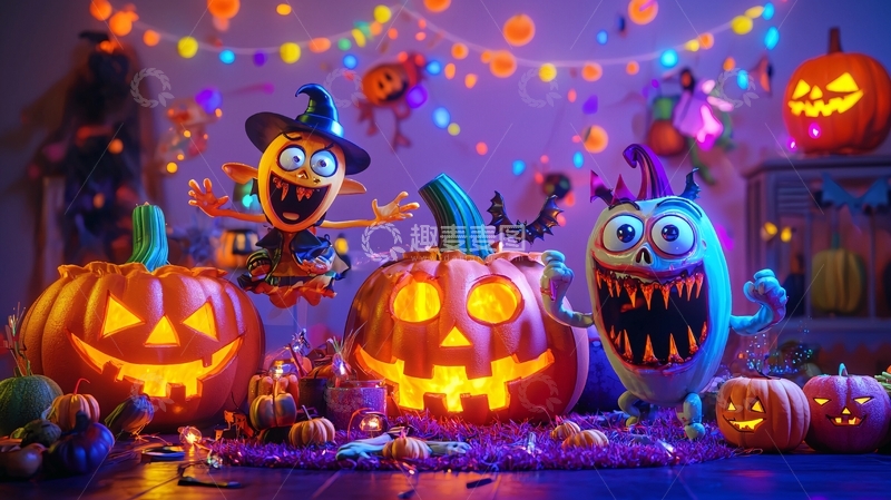高清大图下载【趣麦麦图】万圣节南瓜灯和怪物装饰场景