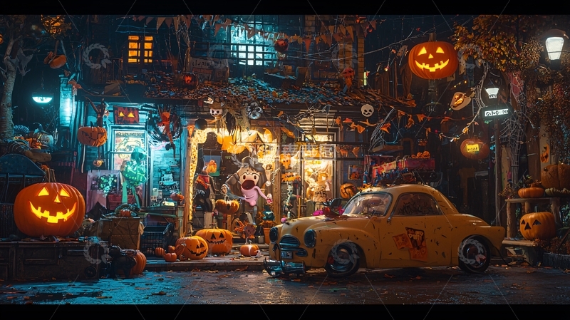 高清大图下载【趣麦麦图】万圣节主题店铺夜景