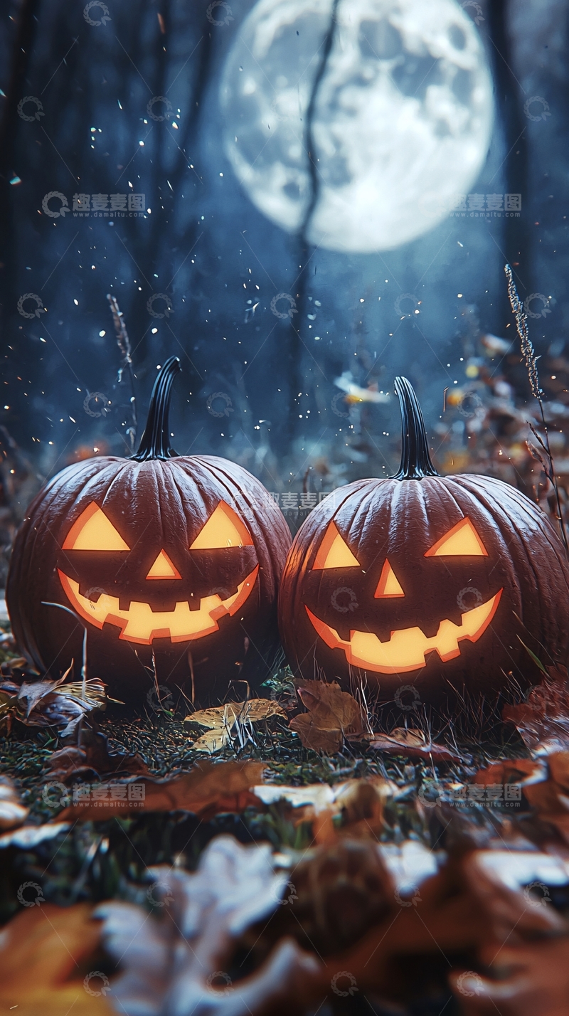 高清大图下载【趣麦麦图】万圣节南瓜灯与满月夜景