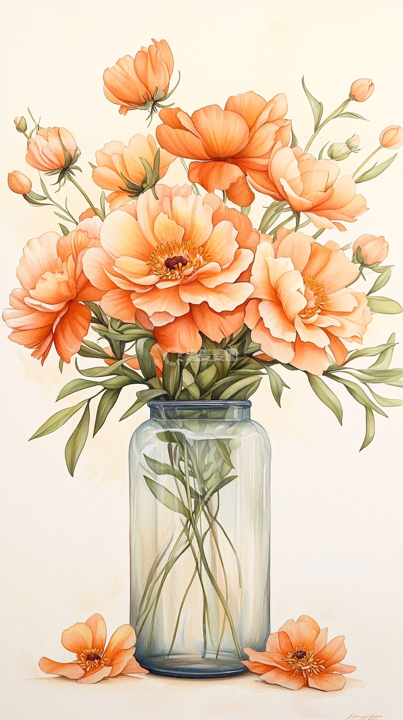 高清大图下载【趣麦麦图】-橙色花朵玻璃瓶插画