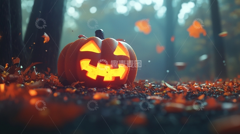 高清大图下载【趣麦麦图】万圣节南瓜灯与落叶
