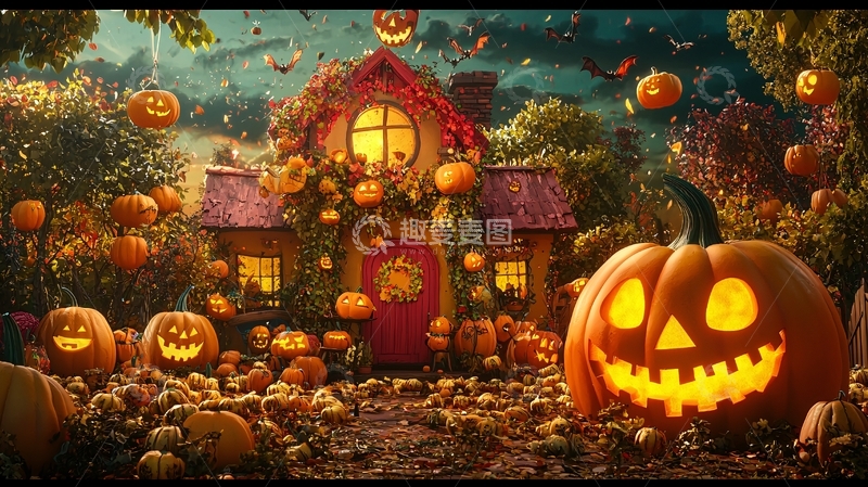 高清大图下载【趣麦麦图】万圣节南瓜灯装饰房屋场景