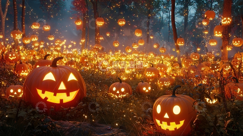 高清大图下载【趣麦麦图】万圣节南瓜森林夜景