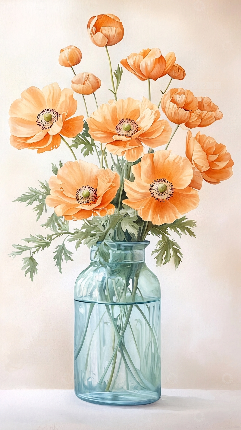 高清大图下载【趣麦麦图】橙色罂粟花插在蓝色玻璃瓶中