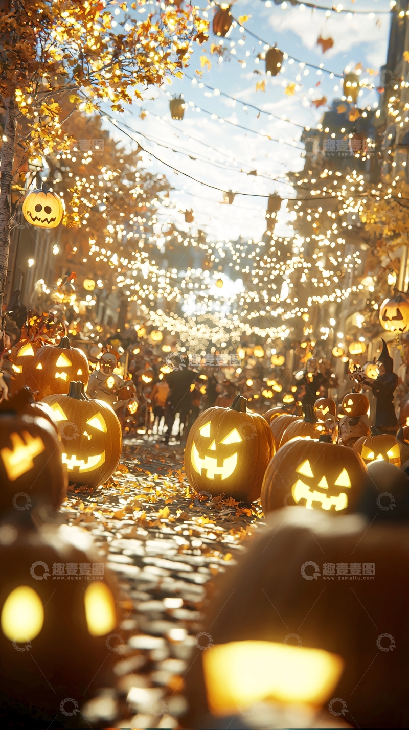 高清大图下载【趣麦麦图】万圣节南瓜灯装饰街道