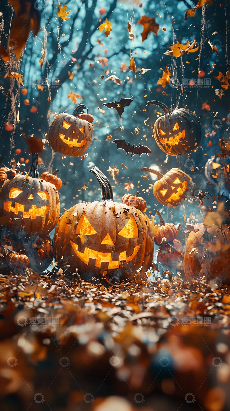 高清大图下载【趣麦麦图】万圣节南瓜灯与落叶
