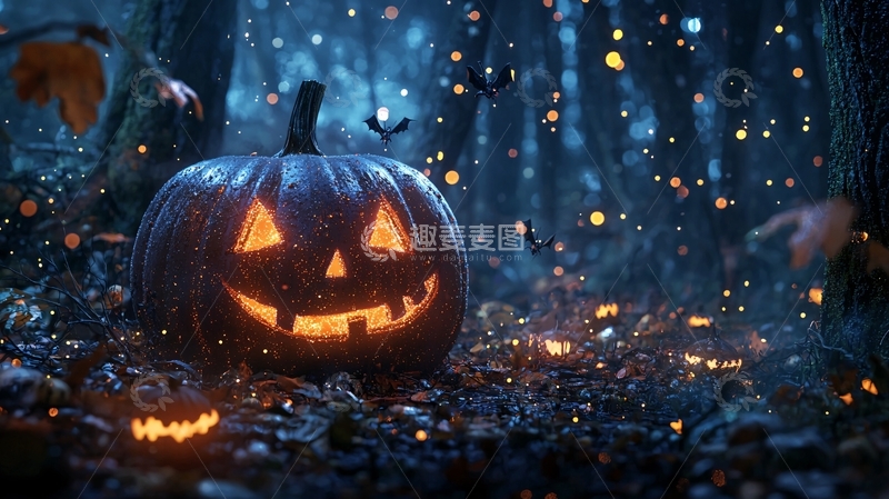高清大图下载【趣麦麦图】万圣节南瓜灯森林场景