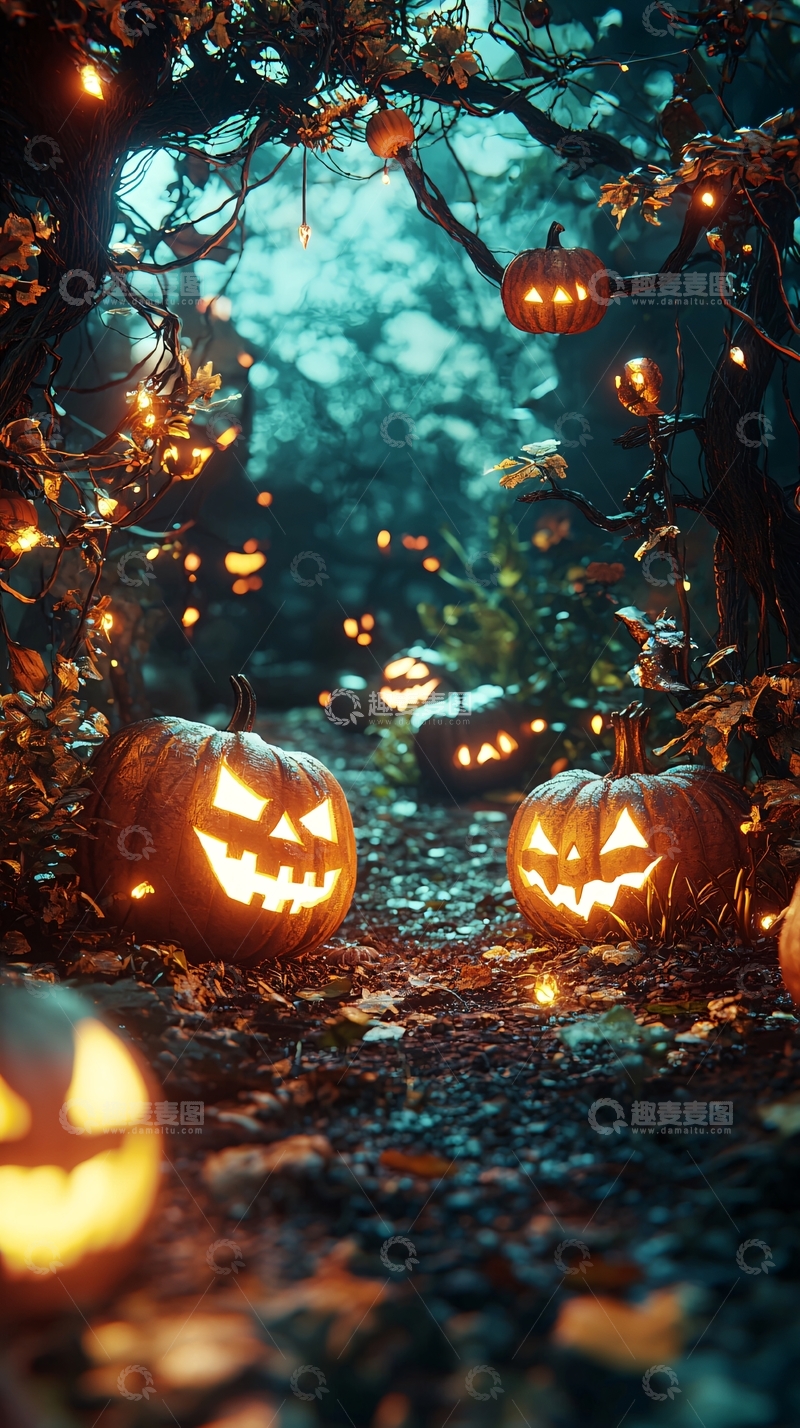 高清大图下载【趣麦麦图】万圣节南瓜灯森林夜景