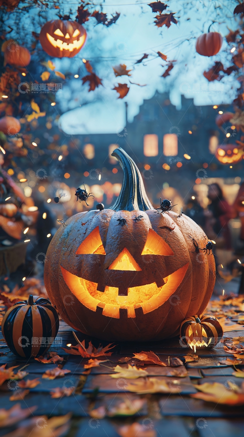 高清大图下载【趣麦麦图】万圣节南瓜灯与落叶场景