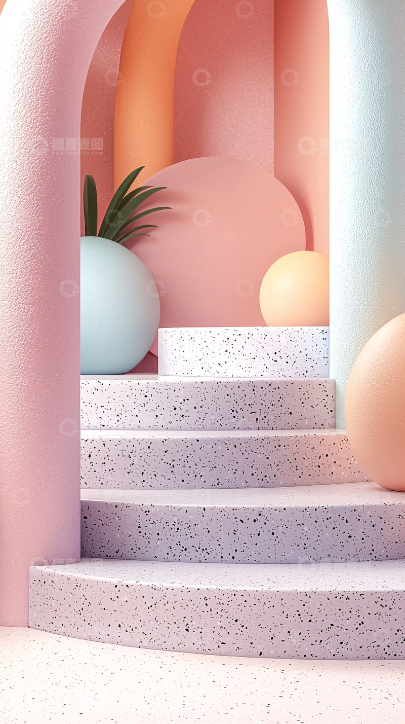 高清大图下载【趣麦麦图】粉色几何楼梯与圆球装饰