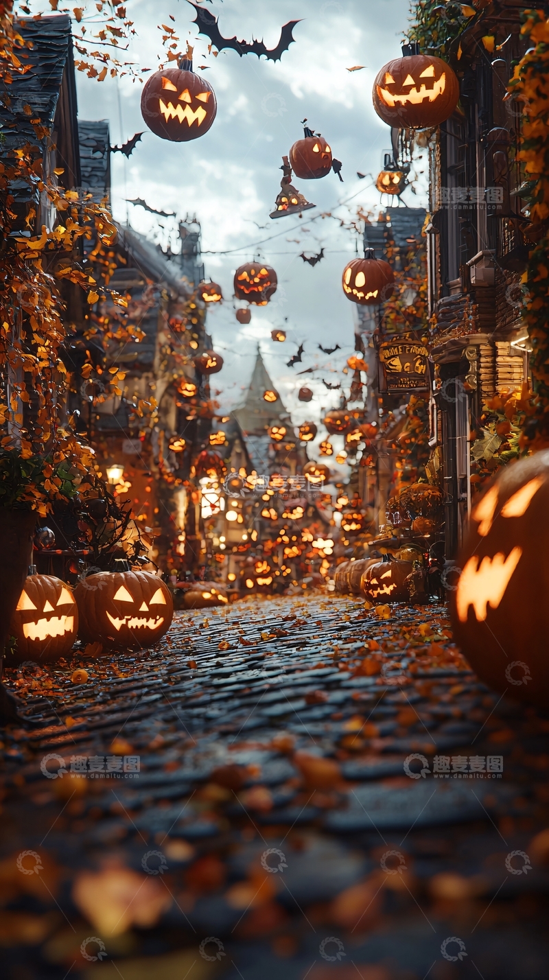 高清大图下载【趣麦麦图】万圣节南瓜灯装饰街道