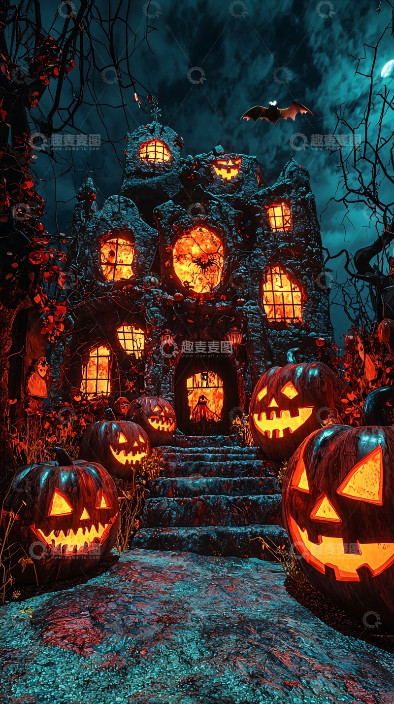 高清大图下载【趣麦麦图】万圣节南瓜灯与鬼屋
