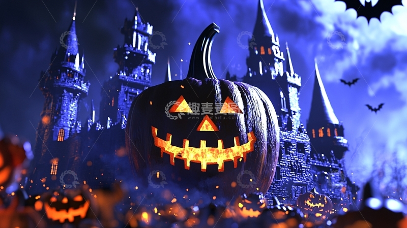 高清大图下载【趣麦麦图】万圣节南瓜与城堡夜景