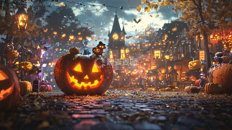 高清大图下载【趣麦麦图】万圣节南瓜灯街道夜景