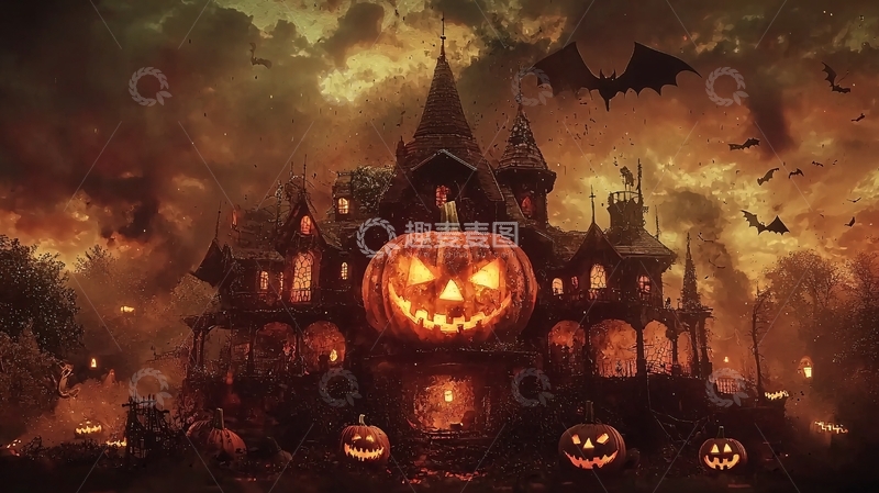 高清大图下载【趣麦麦图】万圣节南瓜灯古堡夜景