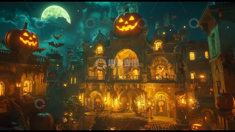 高清大图下载【趣麦麦图】万圣节夜景城堡南瓜灯