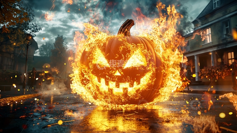 高清大图下载【趣麦麦图】万圣节燃烧的南瓜灯