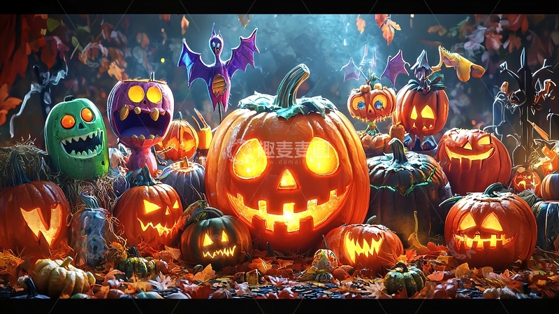 高清大图下载【趣麦麦图】万圣节南瓜灯与鬼怪