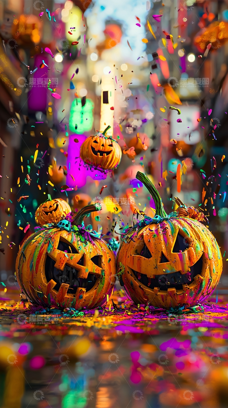高清大图下载【趣麦麦图】万圣节彩色南瓜灯庆祝场景