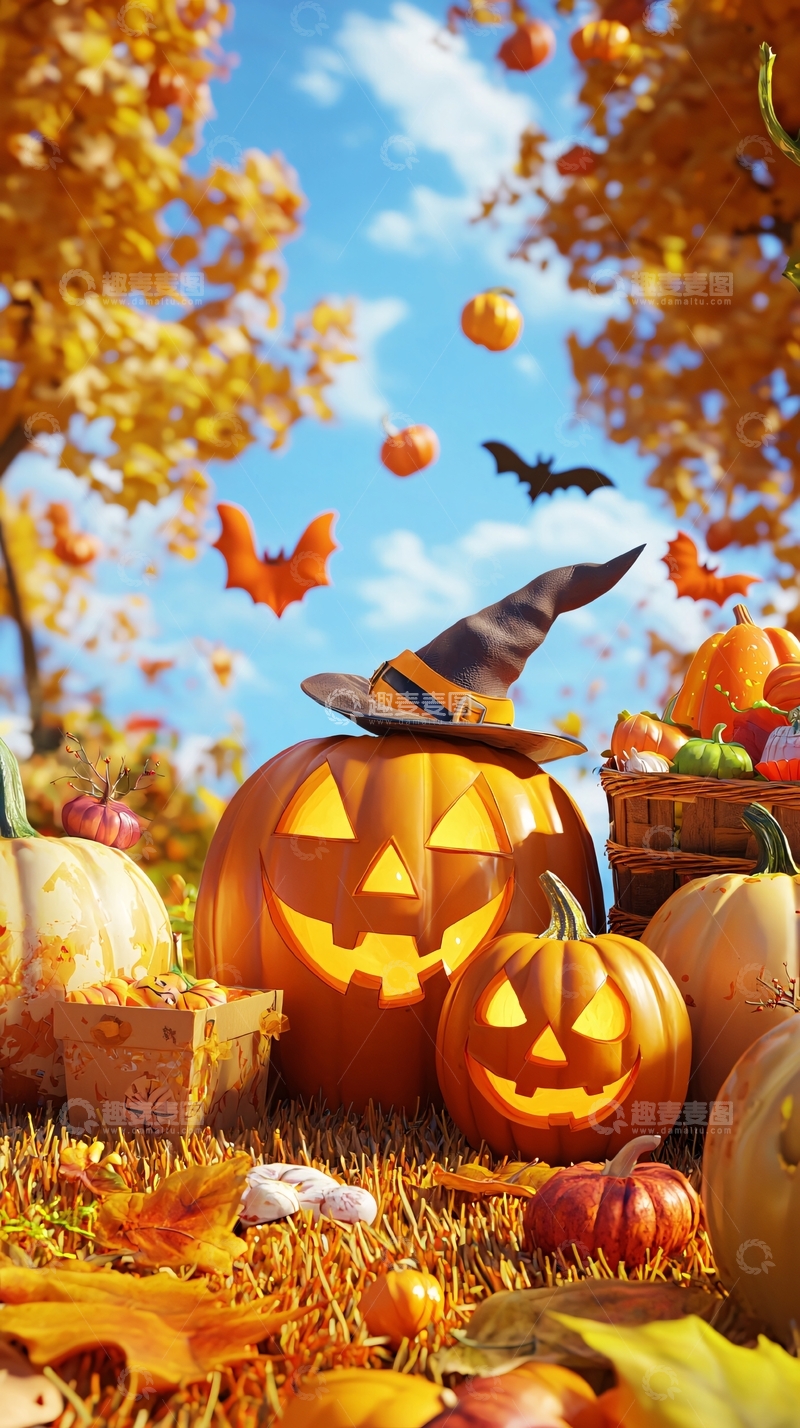 高清大图下载【趣麦麦图】万圣节南瓜与巫师帽