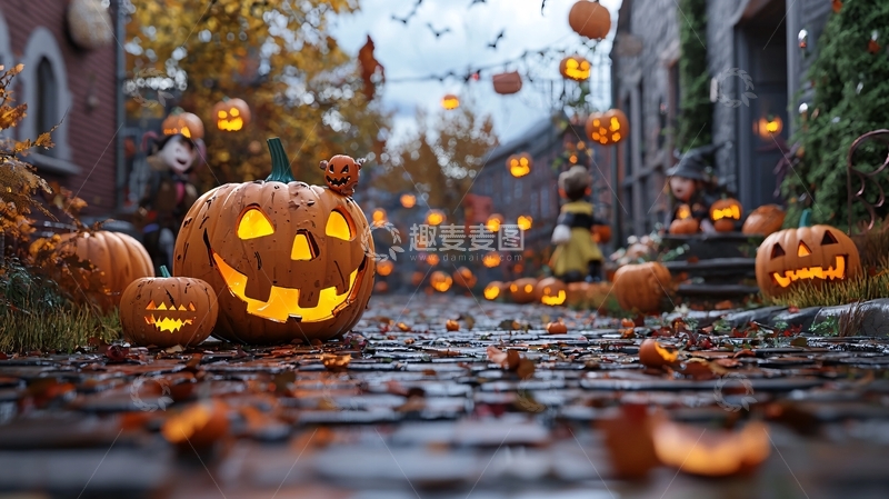 高清大图下载【趣麦麦图】万圣节南瓜灯装饰街道