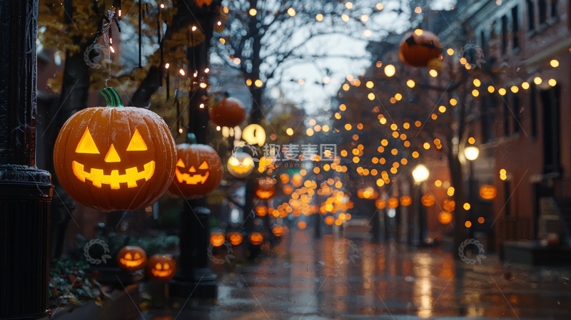 高清大图下载【趣麦麦图】万圣节南瓜灯装饰街道