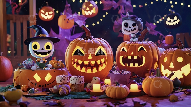 高清大图下载【趣麦麦图】万圣节南瓜灯和糖果装饰场景
