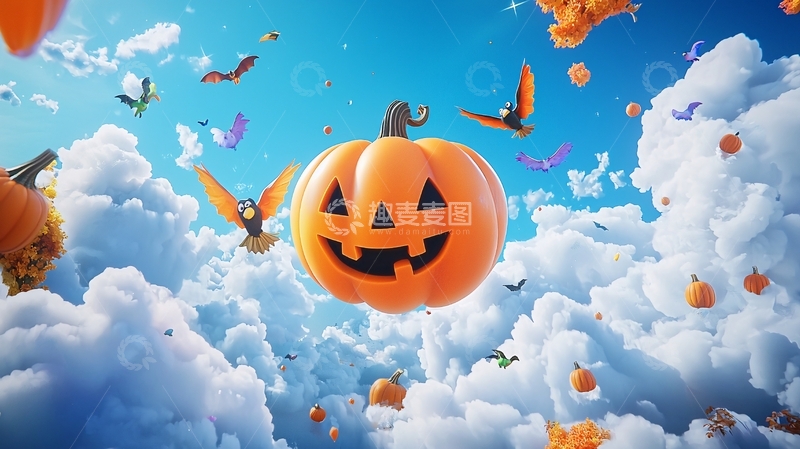 高清大图下载【趣麦麦图】万圣节南瓜云中飞翔