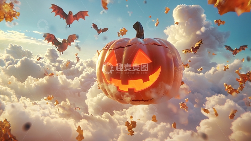 高清大图下载【趣麦麦图】万圣节南瓜与蝙蝠在云中飞翔
