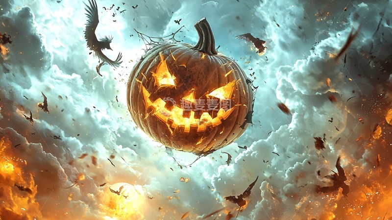 高清大图下载【趣麦麦图】万圣节南瓜与乌鸦的天空场景