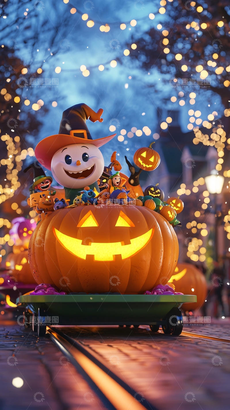 高清大图下载【趣麦麦图】万圣节南瓜车上的卡通人物