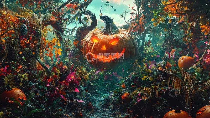 高清大图下载【趣麦麦图】万圣节森林中的南瓜灯