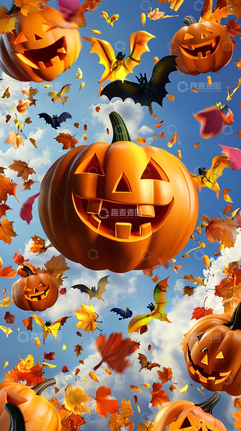 高清大图下载【趣麦麦图】万圣节南瓜与蝙蝠背景