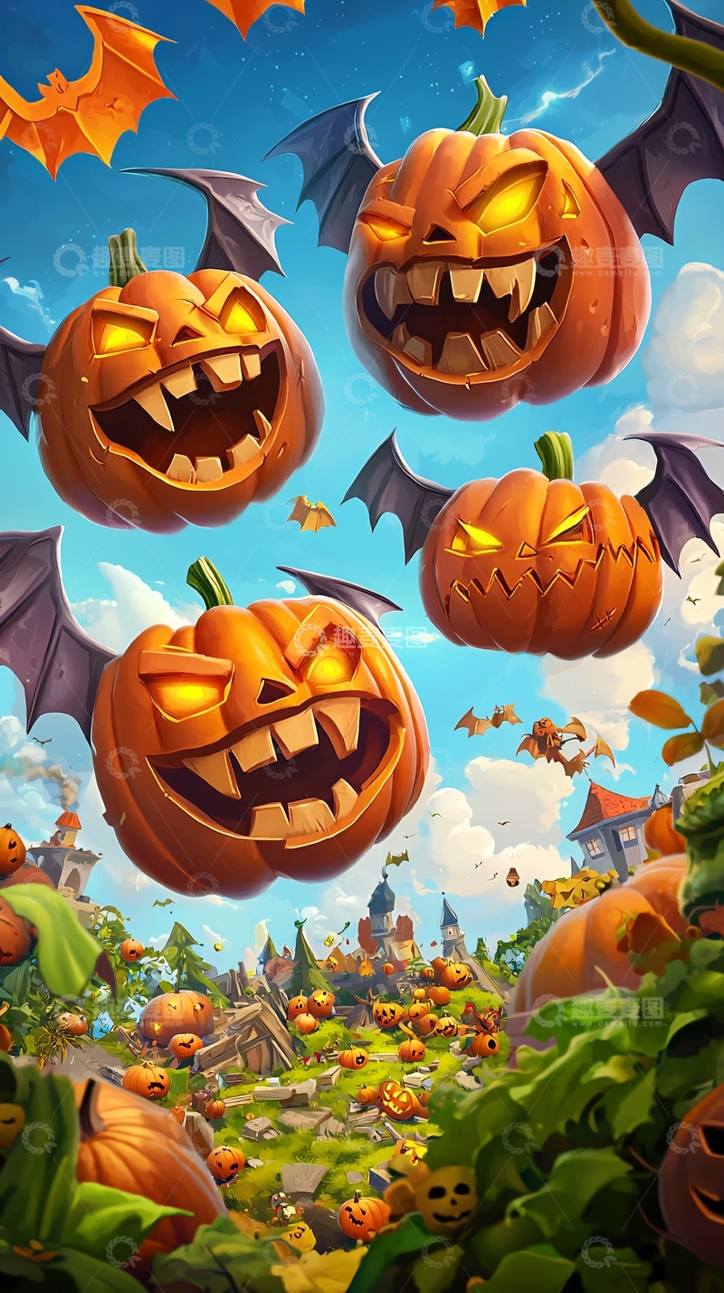 高清大图下载【趣麦麦图】万圣节南瓜与蝙蝠场景