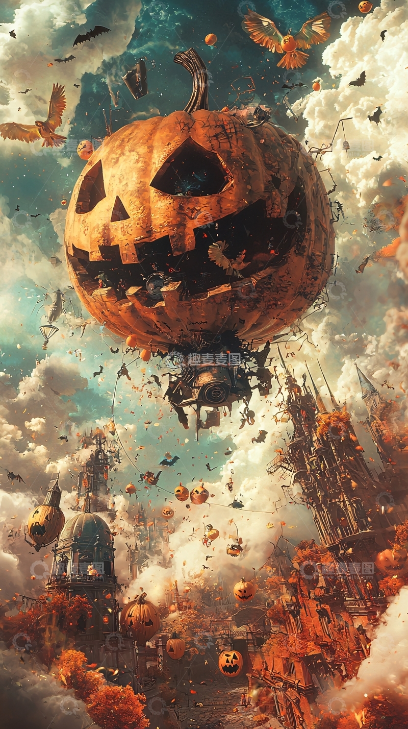 高清大图下载【趣麦麦图】万圣节南瓜热气球幻想场景
