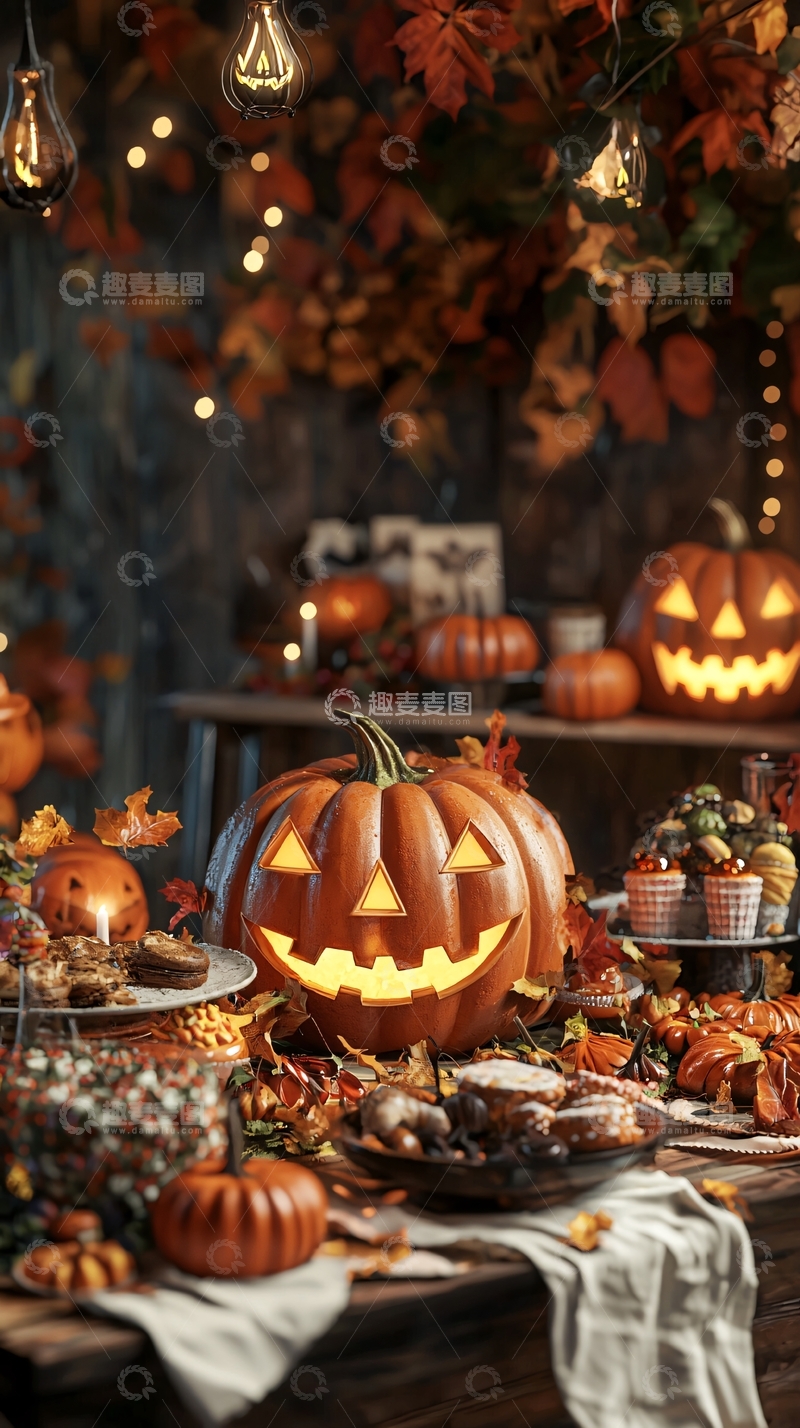 高清大图下载【趣麦麦图】万圣节南瓜灯与甜点装饰